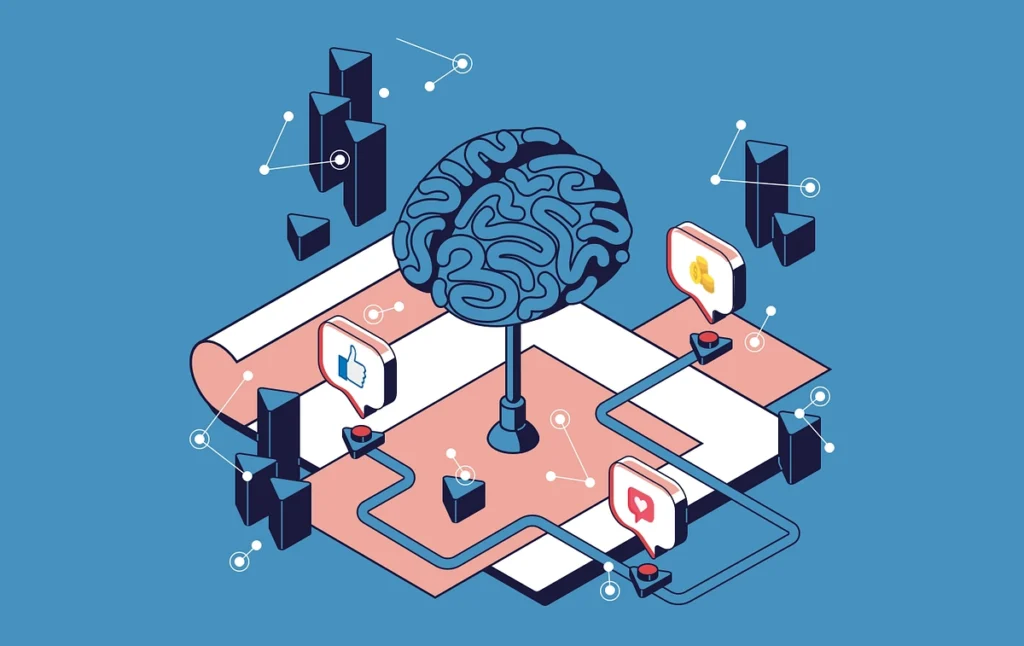 A digital brain connected with social media and financial icons, showing smart online strategies — FREELANCE DIGITAL MARKETING SPECIALIST IN MALAPPURAM.