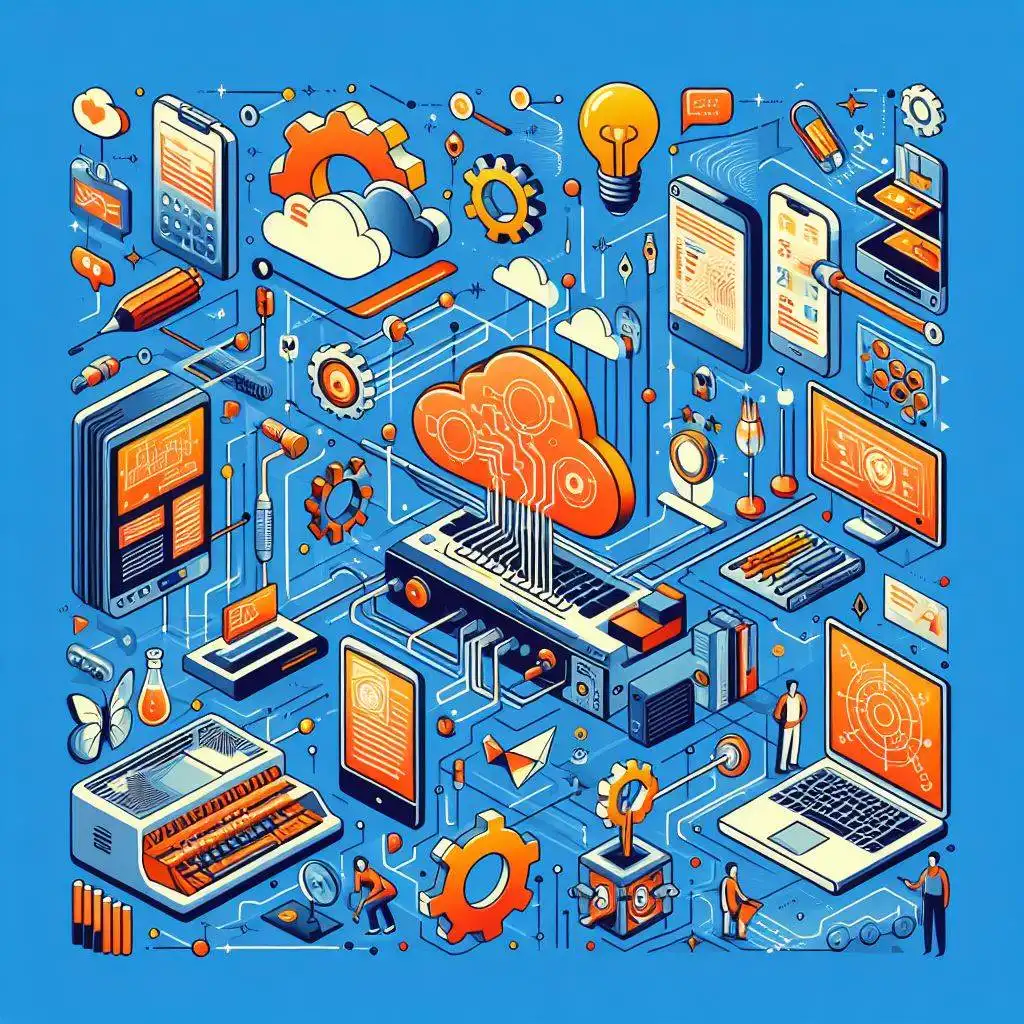 A colorful cloud-computing and digital tools illustration representing technology-driven marketing — FREELANCE DIGITAL MARKETING SPECIALIST IN MALAPPURAM.