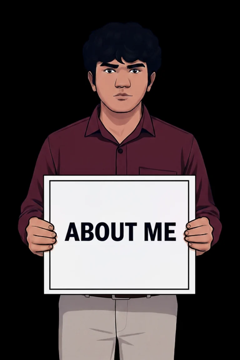 A young man holding a sign that says “About Me,” symbolizing self-introduction — FREELANCE DIGITAL MARKETING SPECIALIST IN MALAPPURAM.