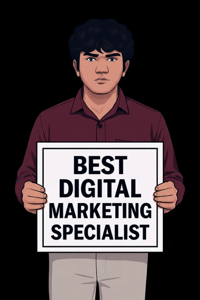 A young man holding a sign that says “Best Digital Marketing Specialist,” reflecting expertise — FREELANCE DIGITAL MARKETING SPECIALIST IN MALAPPURAM.
